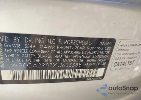 1999 Porsche Boxster z USA, uszkodzony, nr VIN WP0CA2982XU633388